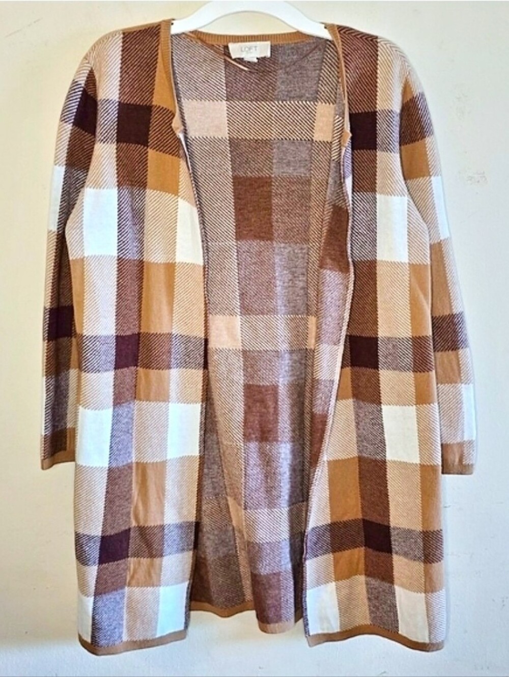 LOFT Outlet Plaid Cardigan Sweater Jacket Women's XS Brown Tan White Open Front